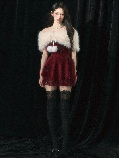 Roses Embellishments Christmas Wine Red Strapless Dress with Plush Shawl Set