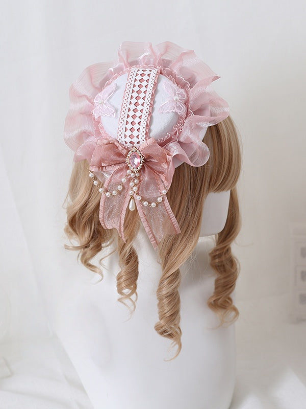 Abnehmbarer Mini und Bowknot Wunderschönes Rosa mit Ketten Strass Spitze Hut Perle Lolita