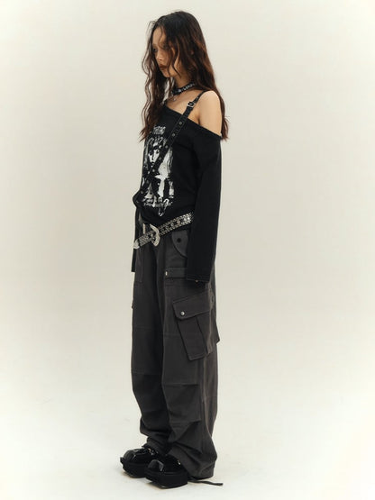 Cutout Shoulder Top Y2K Punk Black Asymmetrical