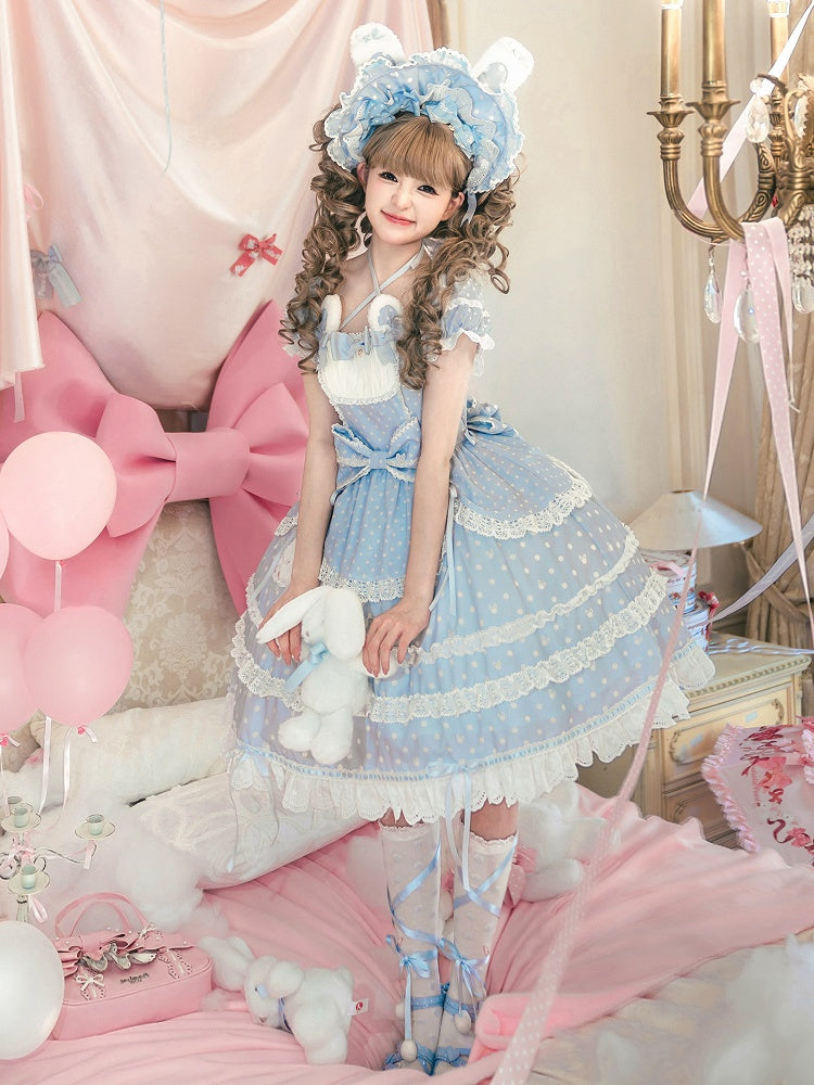 Bunny Square Dots Pattern Ears Lolita Polka Blue Plush Neckline Sweet Dress
