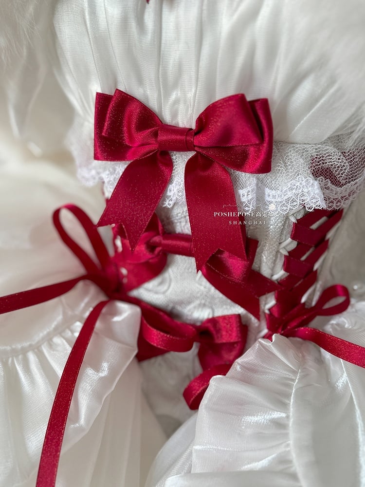 Snowy White Christmas Dress Red Bows Adorned Basque Waist Dress with Big Bow Cascading Train