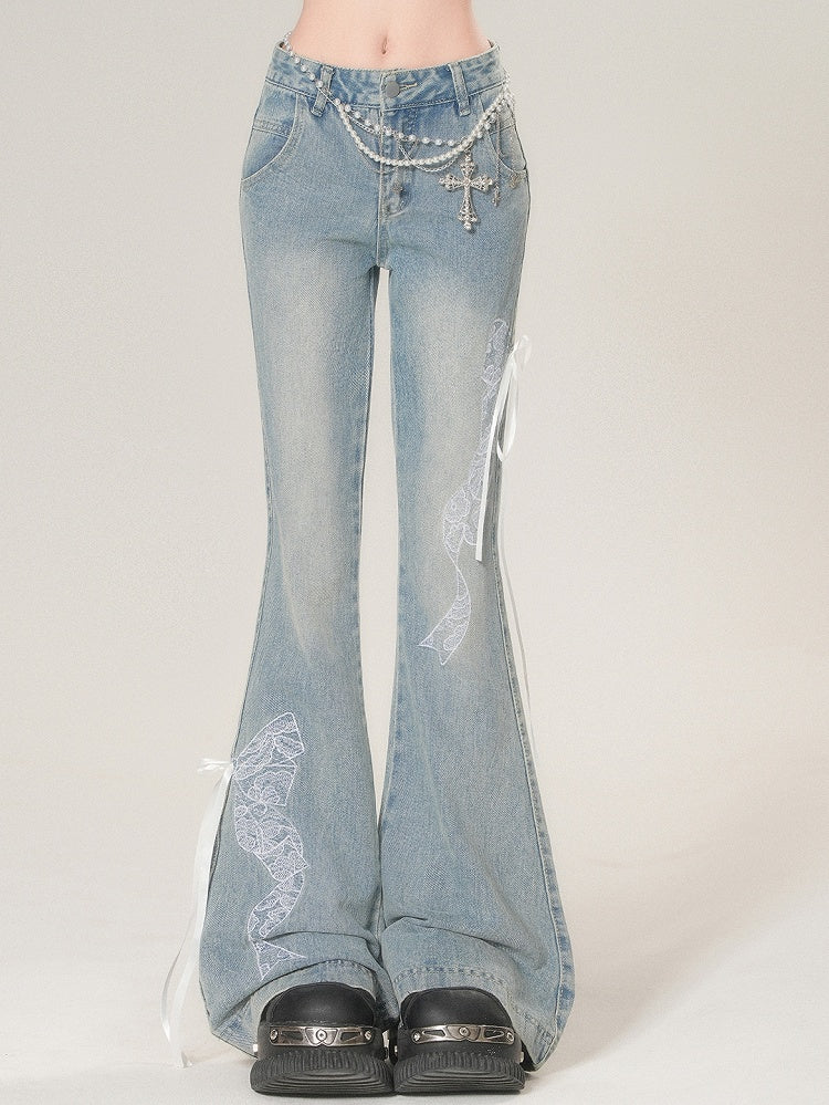 Bowknot Glamorous Flare Lace Embroidered Blue Jeans Silhouette