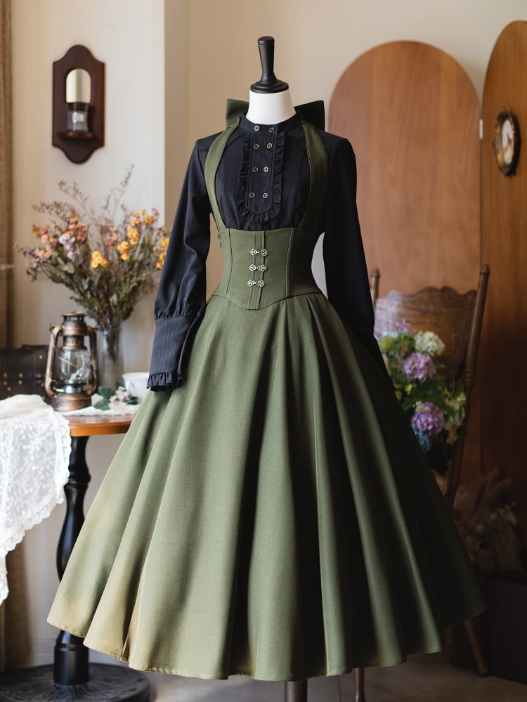 Green Long Version Vintage Boned Corset Belt High Waist Skirt with Detachable Halter Strap