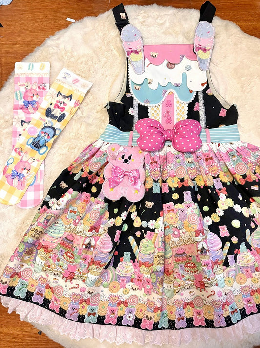 Dress Lolita Print Sweet Desserts Bear Overall Black and Gummy