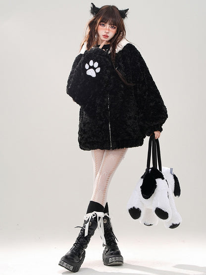 Black Cute Kitty Head Hood Fleece Zip Hoodie