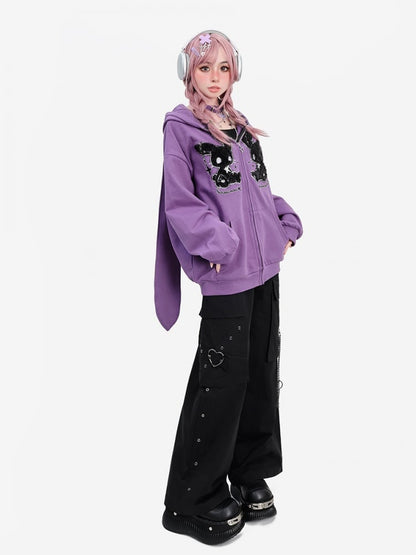 Punk Purple Oversized Bunny Ears Loose Zip Hoodie