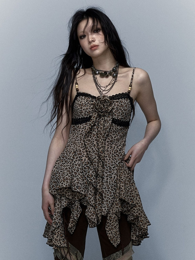 and Hem Trim Slip Y2K Punk Lace Dress with Leopard Handkerchief
