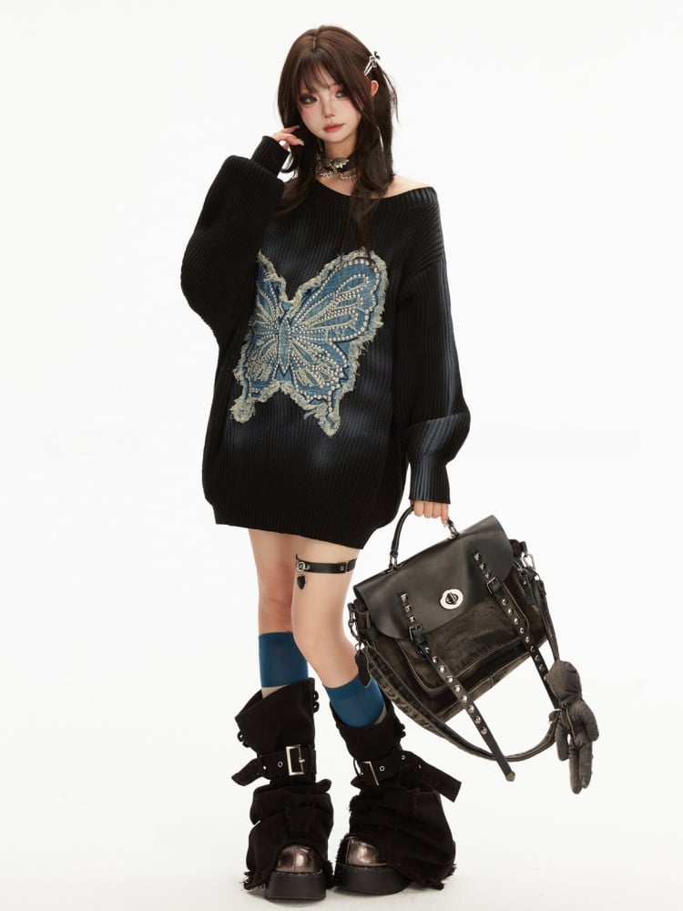 Wasteland Punk Butterfly Applique Black Asymmetrical Neckline Sweater