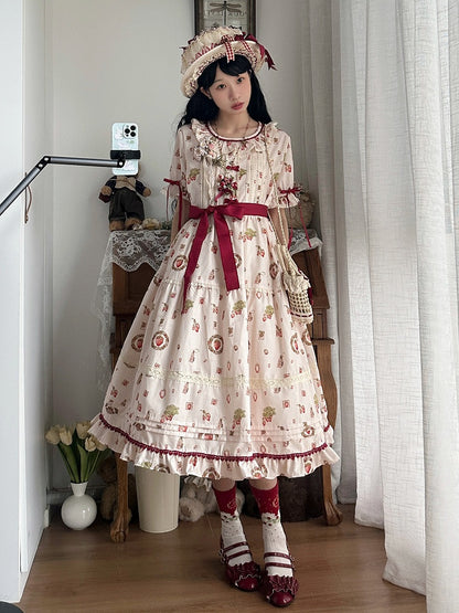 Strawberry Print Pink House Beige Short Sleeves Lolita Dress