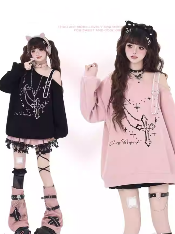 Black/Pink Asymmetrical Neckline Heart Buckle Cross Embroidered Sweatshirt