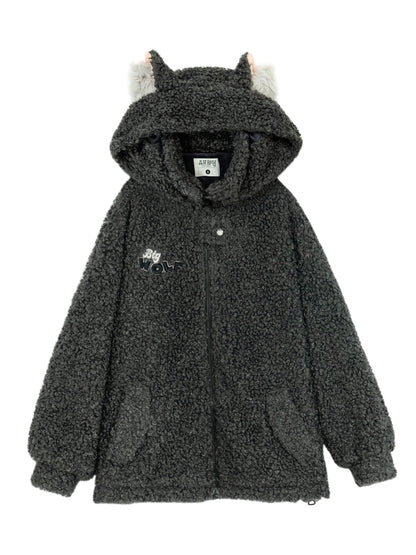 Coat Ears Hooded Fleece Wolf Gray
