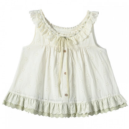 Neckline Tank Top Self-tie Flutter Sleeves Tiered at Strap Green with Ruffles Cutton