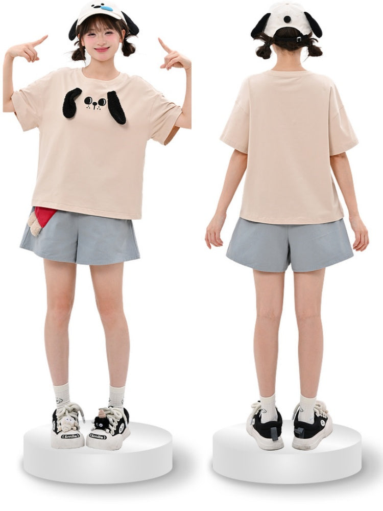 T-Shirt Plush Puppy Ears Loose Beige Round Neck