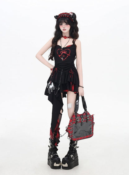 Cami Dress Skirt Red and Black Plaid Drawstring Waist Handkerchief Hem Tiered
