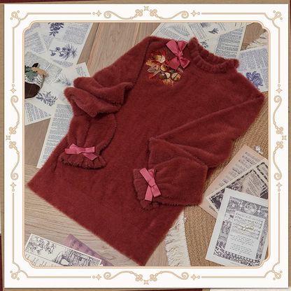 Leaf Embroidery Maple on Red Autumn Top Bowknot Brick Cuffs Knit Neckline