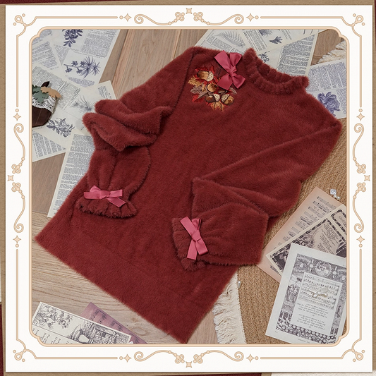 Leaf Embroidery Maple on Red Autumn Top Bowknot Brick Cuffs Knit Neckline