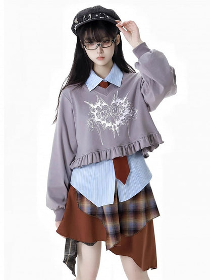 Gray V-Neck Ruffled Hem Cropped Graphic Sweatshirt