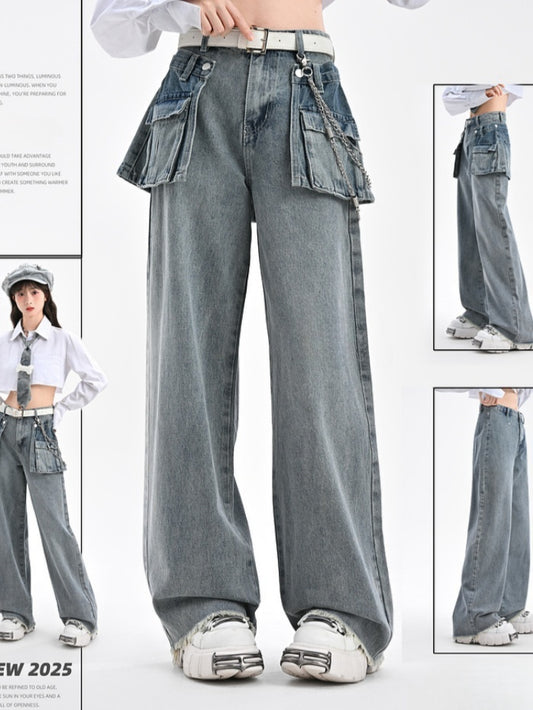 Wide-Leg Jeans with Detachable Skirt Accessory Blue Vintage