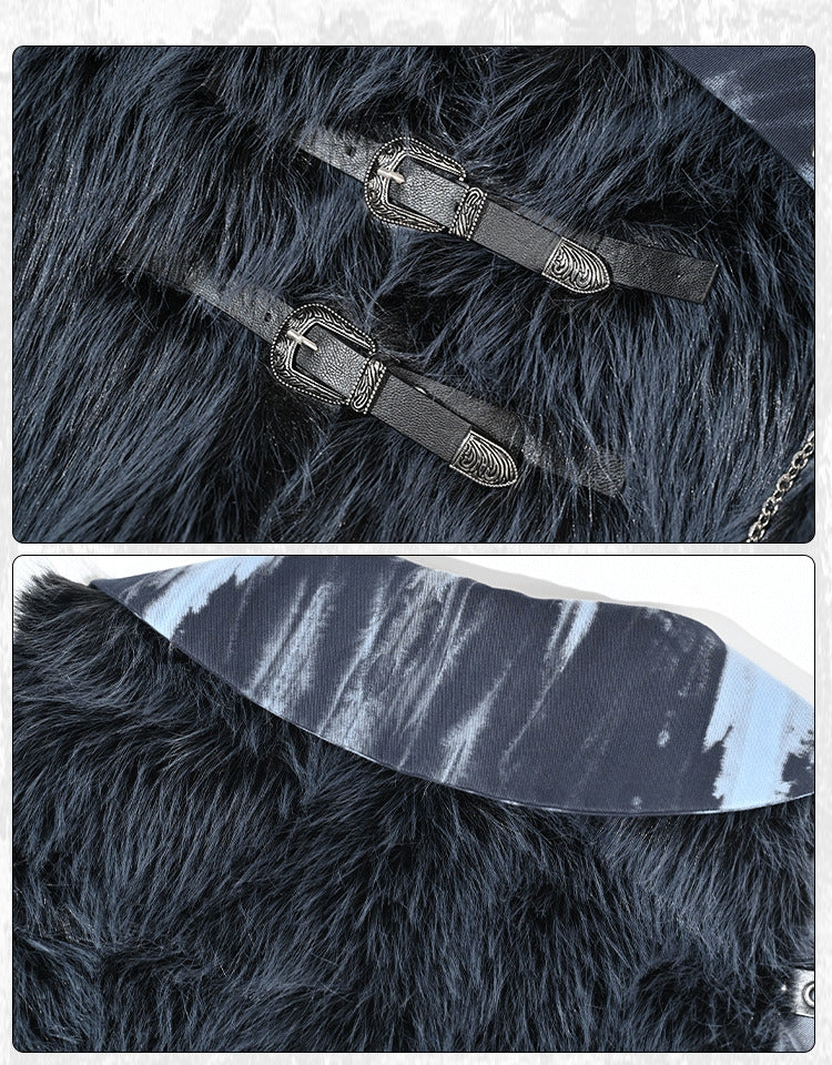 Grunge Punk Rock Blue Faux Fur Patchwork Jacket Chain Detail