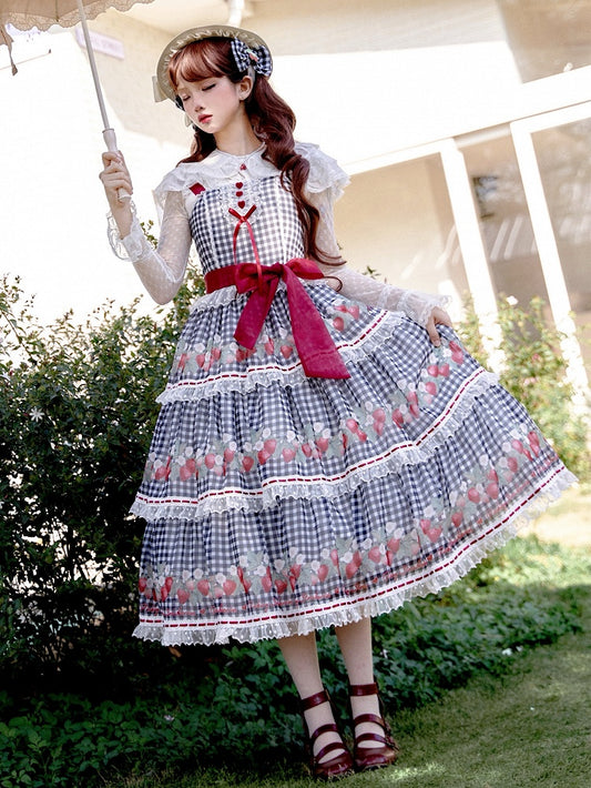 Robe Lolita noire à carreaux vichy et imprimé fraises, jupe pull Lolita d'été douce