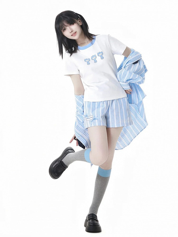 Blue  White Elastic Waist Plaid Shorts