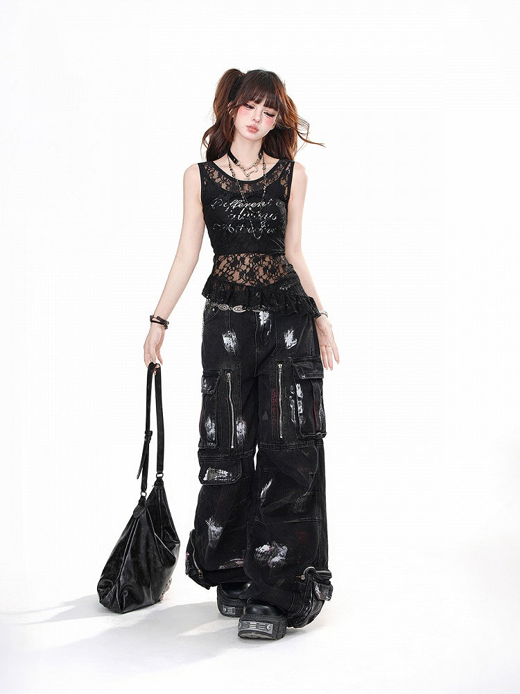 Black/White Cropped Cami Top with Lace Ruffled Trim Vest Set