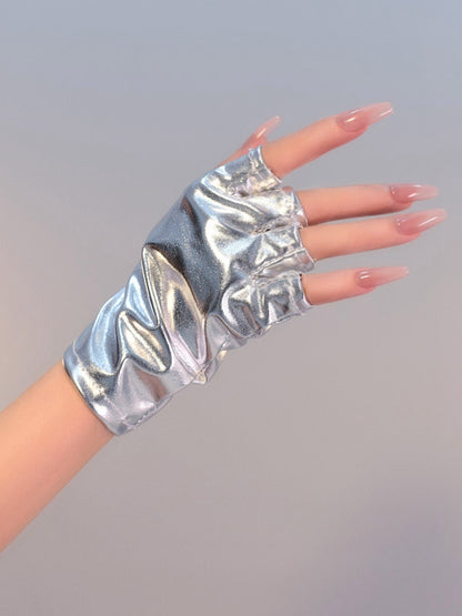 Silver Black Cyberpunk Futuristic Half Finger Gloves