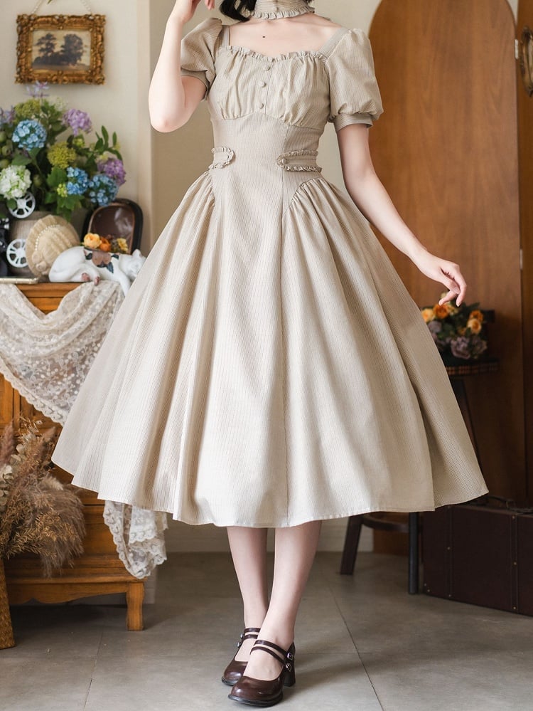 Vintage Dress Fashion Sleeves Khaki Puff Square Striped Neckline Light Retro Fabric