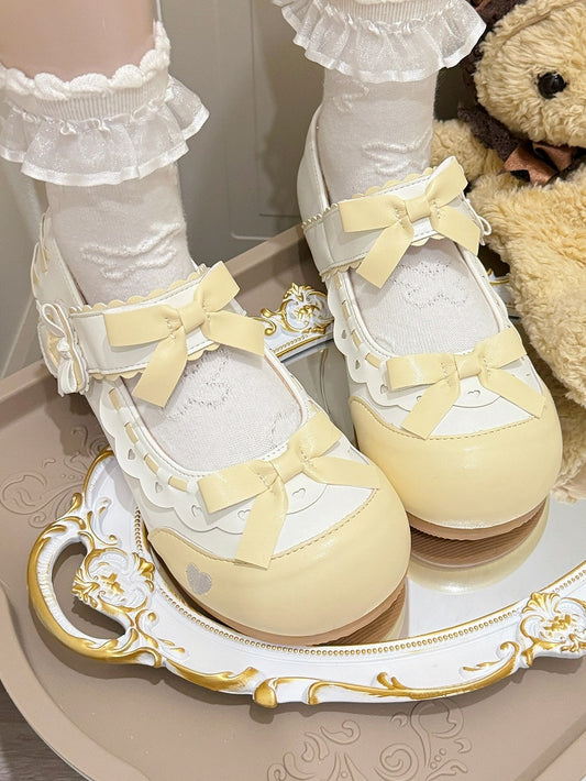 Heart PU with Details Scalloped Edging Sweet - Accents Yellow Bow Leather Mary Janes Lolita