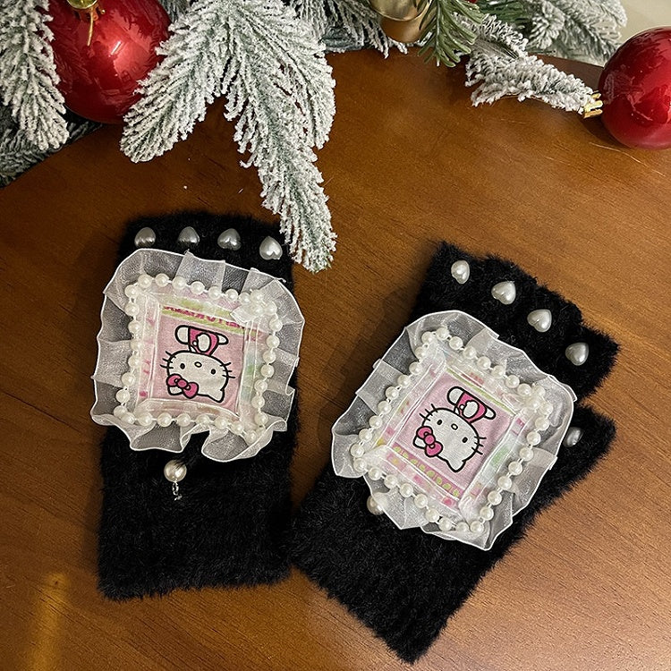 Black/White Cute Kitty Print Heart Beads Lace Details Plush Gloves