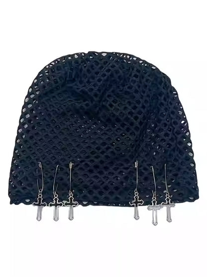 Charm Black Beanie Details Pin Y2K Design Cross Fishnet