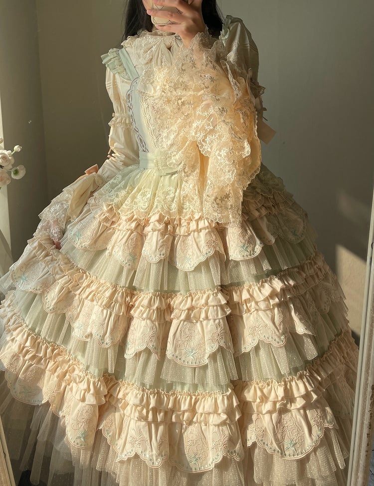 Robe Lolita vert clair à jupe superposée et motif lapin