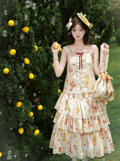 Cream Skirt Print Tiered Lolita Sweet Fruit and Dessert