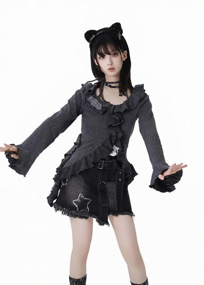 Y2K Black Star Appliques Raw Hem Denim Skirt with Buckle Belt