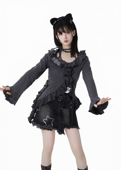 Y2K Black Star Appliques Raw Hem Denim Skirt with Buckle Belt
