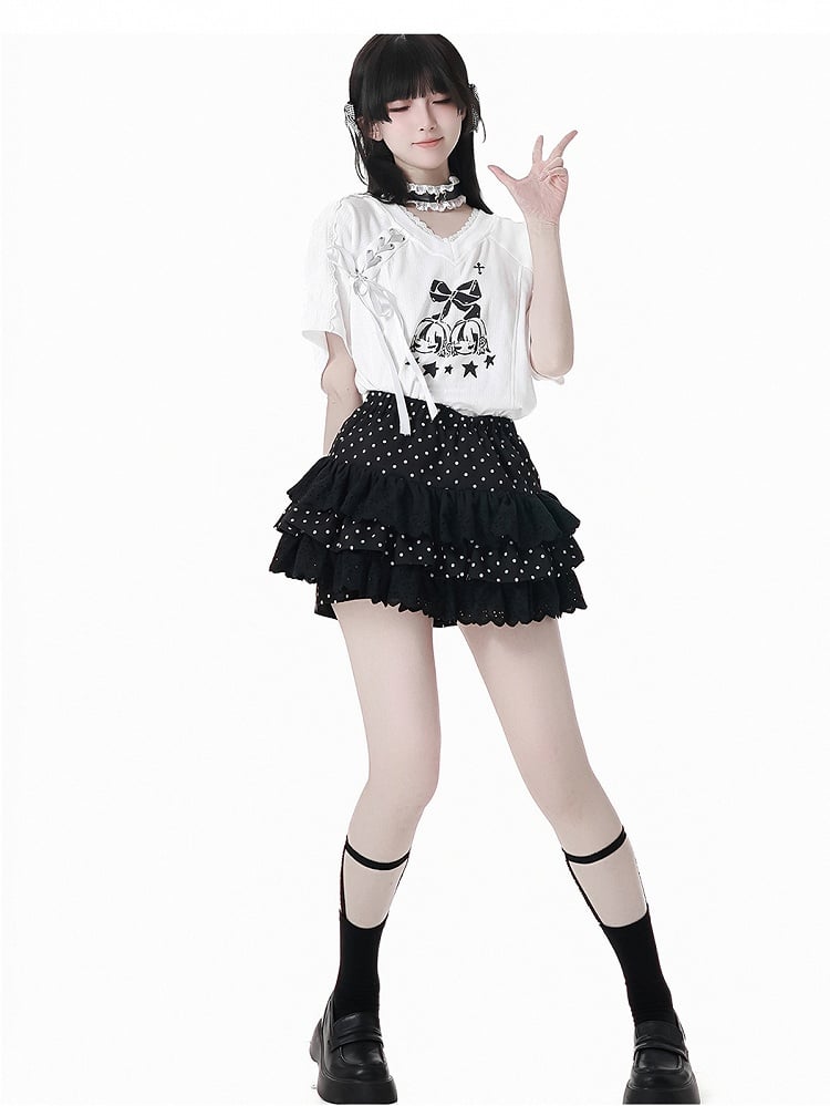 Gestufter Polka-Dot-Rock Pumphose Futter Schwarz Elastische Taille Spitzenbesatz