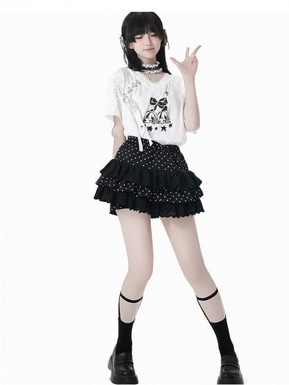 Gestufter Polka-Dot-Rock Pumphose Futter Schwarz Elastische Taille Spitzenbesatz