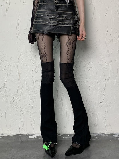 Black/White Pattern Floral Semi-sheer Side Y2K Tights