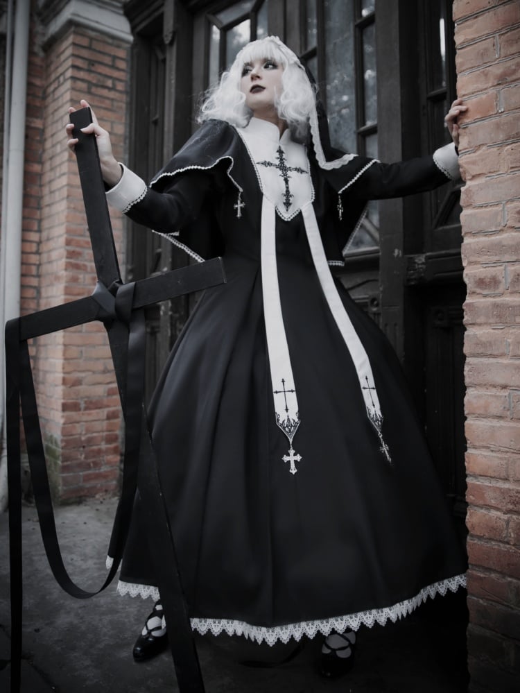 Black and White Cross Embroidery Gothic Nun Lolita Dress