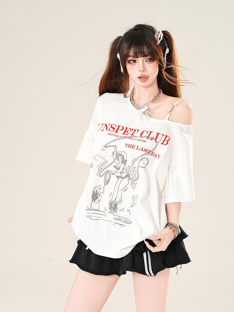 White Asymmetrical Neckline Loose Graphic T-Shirt
