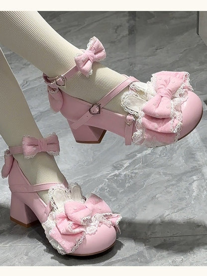 Bunny Ear Low/Mid Janes Pink - Dot Accents with Sweet Lolita Bows Mary Heels Round Toe Polka
