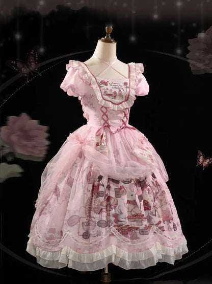 Waist Scalloped Pink Trim Bunny Edge Princess Dress Skirt Lolita Print Ruffle Basque