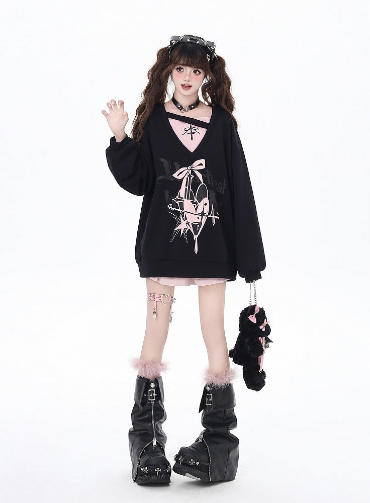 Sweatshirt V-Neck Heart and Bow Print Loose Two-pieces Bittersweet Black/Blue Faux