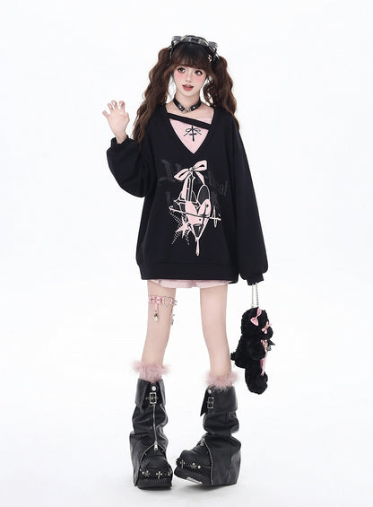 Sweatshirt V-Neck Heart and Bow Print Loose Two-pieces Bittersweet Black/Blue Faux