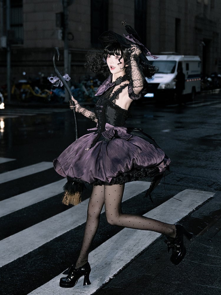 Black and Purple Bat Wings Back Bubble Skirt