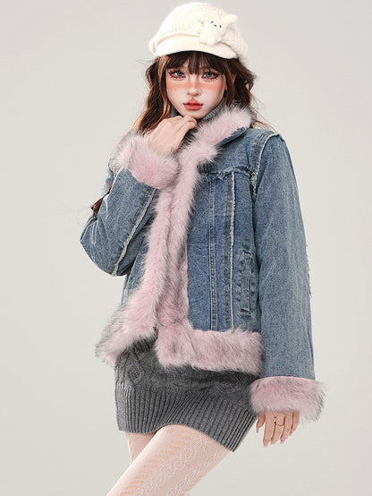 Blue Faux Fur Trim Thick Denim Jacket