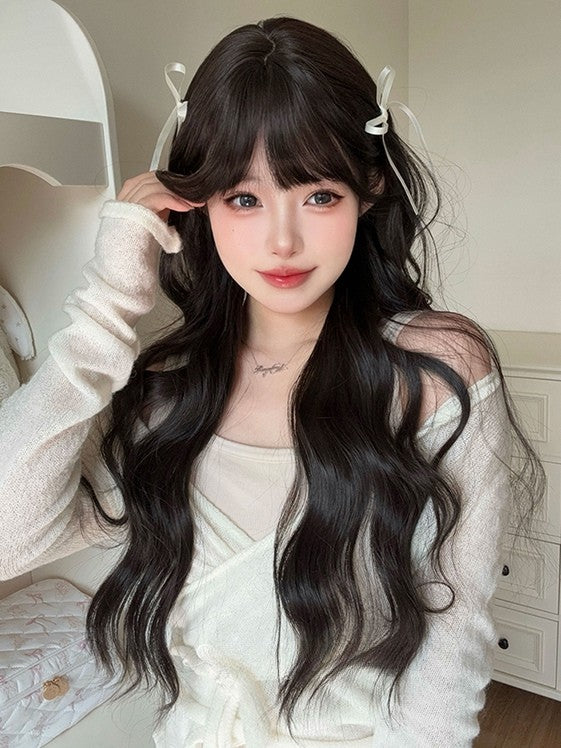 Black Air Length Bangs Wig 75CM Tea Wavy With