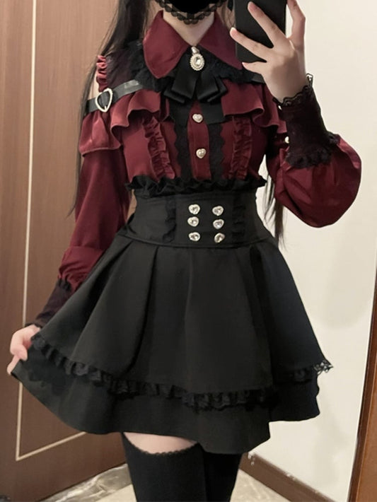 Wine Red Sweetheart Button Closure Cutout Shoulder Jirai Kei Top + Black High Waist Skirt + Bow Tie