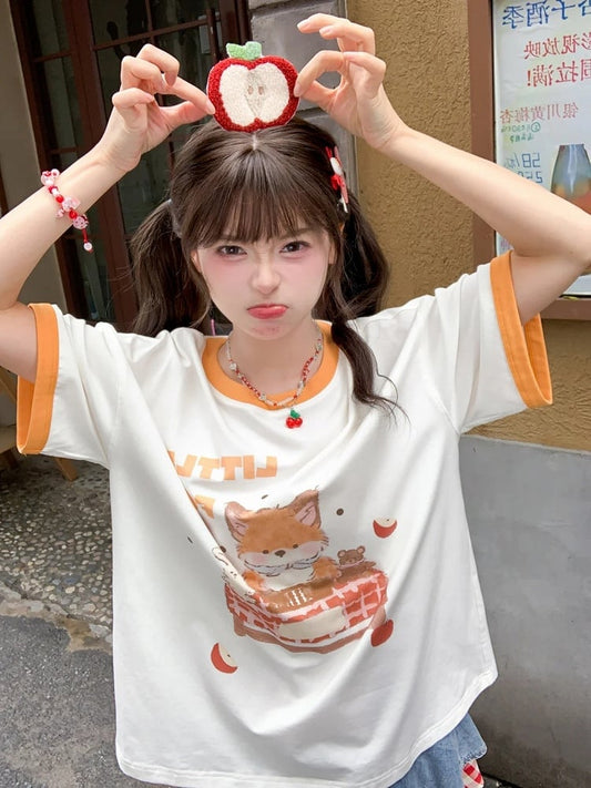White Cartoon Fox Print Long Version T-Shirt with Apple Brooch