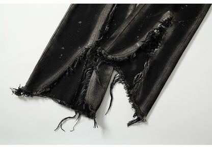 Black Split Cuffs Distressed Flared Jeans with Lace-up